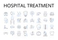 Hospital treatment line icons collection. Medical care, Doctor visit, Surgical operation, Health service, Clinical