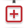 Hospital vector icon. Style is flat symbol, red color, rounded angles, white background.