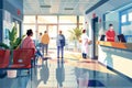 Hospital waiting area with patients and healthcare workers. Calm medical environment