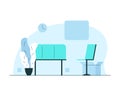 Hospital waiting room interior. Vector concept illustration of waiting hall in the hospital with bench, chair, wall clock, plant Royalty Free Stock Photo
