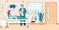 Hospital ward interior with patient in bed and doctor flat vector illustration. Royalty Free Stock Photo