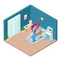 Hospital ward, resuscitation interior vector. Isometric nurse caring for older man