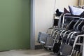Hospital wheelchairs inside a public hospital in Greece.