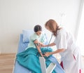 In the hospital, the white patient room, the female doctor is visiting the female patients to diagnose