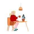 Hospitality Concept. Female Character Visiting Cafe. Young Woman Drinking Beverage in Restaurant