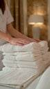 Hospitality finesse Maid carefully arranges towel, perfecting the hotel room