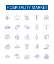 Hospitality market line icons signs set. Design collection of Hotel, Resort, Tourism, Foodservice, Hospitality Royalty Free Stock Photo