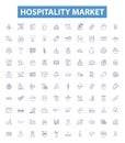 Hospitality market line icons, signs set. Hotel, Resort, Tourism, Foodservice, Hospitality, Hospitality Industry Royalty Free Stock Photo