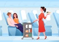 Hospitality service in airplane, cartoon stewardess working, serving passenger couple people Royalty Free Stock Photo