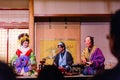 Host, guest and actress of Oiran Show Geisha Showat Noboribetsu Date Judaimura history theme park highlighting the Edo Period Royalty Free Stock Photo