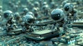 A host of miniature robots on a circuit board, appearing as if they are interacting or performing tasks. Royalty Free Stock Photo