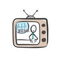 Host reading news on tv. TV show breaking news. Social media. Hand drawn. Stickman cartoon. Doodle sketch, Vector graphic