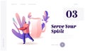 Host Waiting Guests Friends at Home for Tea Party Website Landing Page. Tiny Male Character Holding Huge Spoon