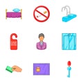 Hostel accommodation icons set, cartoon style