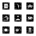 Hostel accommodation icons set, grunge style