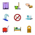 Hostel icons set, cartoon style