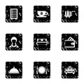 Hostel icons set, grunge style