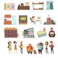 Hostel Isolated Retro Icons Set Royalty Free Stock Photo