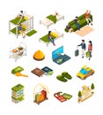 Hostel isometric. Hotel business symbols sofas hostelers travellers luggage couch vector collection