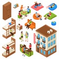 Hostel Isometric Icons Set