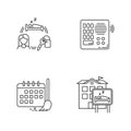 Hostel pixel perfect linear icons set. Renting room for night. Intercom. Security. Cleaning schedule. Customizable thin