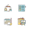 Hostel RGB color icons set. Renting room for night. Intercom. Security. Sleeping accommodation. Cleaning schedule