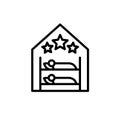 Hostel room logo with two beds and three stars above. House for the rest line icon.