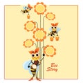 Hostess bee. Proprietress. Bee Story. Flowers honey. Swarm of bees collects honey. Poster with cute cartoon characters. Royalty Free Stock Photo