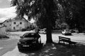 Hostice, Czech republic - August 11, 2018: black car Opel Astra H stand in centre of Hostice village where was implemented the Pla