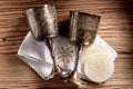 Hostie wafers with silver chalice cups and cloth Royalty Free Stock Photo