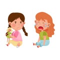 Hostile Kid with Angry Grimace Taking Away Doll from Her Crying Agemate Vector Illustration Royalty Free Stock Photo