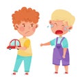 Hostile Kid with Angry Grimace Taking Away Toy Car from His Crying Agemate Vector Illustration Royalty Free Stock Photo