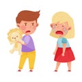 Hostile Kid with Angry Grimace Taking Away Toy Lion from His Crying Agemate Vector Illustration Royalty Free Stock Photo