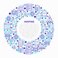 Hosting concept in circle with thin line icons: VPS, customer support, domain name, automated backup, SSD, control panel, secure Royalty Free Stock Photo