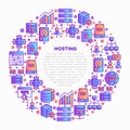 Hosting concept in circle with thin line icons: VPS, customer support, domain name, automated backup, SSD, control panel, secure Royalty Free Stock Photo