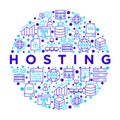 Hosting concept in circle with thin line icons: VPS, customer support, domain name, automated backup, SSD, control panel, secure Royalty Free Stock Photo