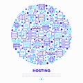 Hosting concept in circle with thin line icons: VPS, customer support, domain name, automated backup, SSD, control panel, secure