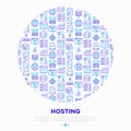 Hosting concept in circle with thin line icons: VPS, customer support, domain name, automated backup, SSD, control panel, secure Royalty Free Stock Photo