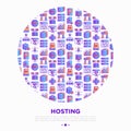 Hosting concept in circle thin line icons: VPS, customer support, domain name, automated backup, SSD, control panel, secure server Royalty Free Stock Photo