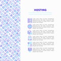Hosting concept with thin line icons: VPS, customer support, domain name, automated backup, SSD, control panel, secure server, Royalty Free Stock Photo