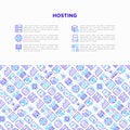 Hosting concept with thin line icons: VPS, customer support, domain name, automated backup, SSD, control panel, secure server, Royalty Free Stock Photo