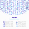 Hosting concept with thin line icons: VPS, customer support, domain name, automated backup, SSD, control panel, secure server, Royalty Free Stock Photo