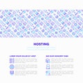 Hosting concept with thin line icons: VPS, customer support, domain name, automated backup, SSD, control panel, secure server,