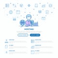 Hosting concept with thin line icons: VPS, customer support, domain name, automated backup, SSD, control panel, secure server,