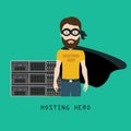 Hosting Hero in front of Servers Rack