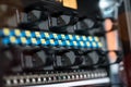 Hosting platform for modern Internet resources. Rack with server data storage equipment.