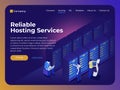 Hosting room and people in flat 3d isometric style. Computation of big data center, database, information processing.