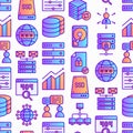 Hosting seamless pattern with thin line icons: VPS, customer support, domain name, automated backup, SSD, control panel, secure