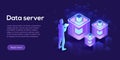 Hosting server isometric vector illustration. Abstract datacenter or blockchain with man background. Network mainframe