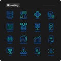 Hosting thin line icons set: VPS, customer support, domain name, automated backup, SSD, control panel, secure server, local